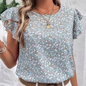 Ditsy Floral Print Blouse, Casual Crew Neck Ruffle Sleeve Blouse,